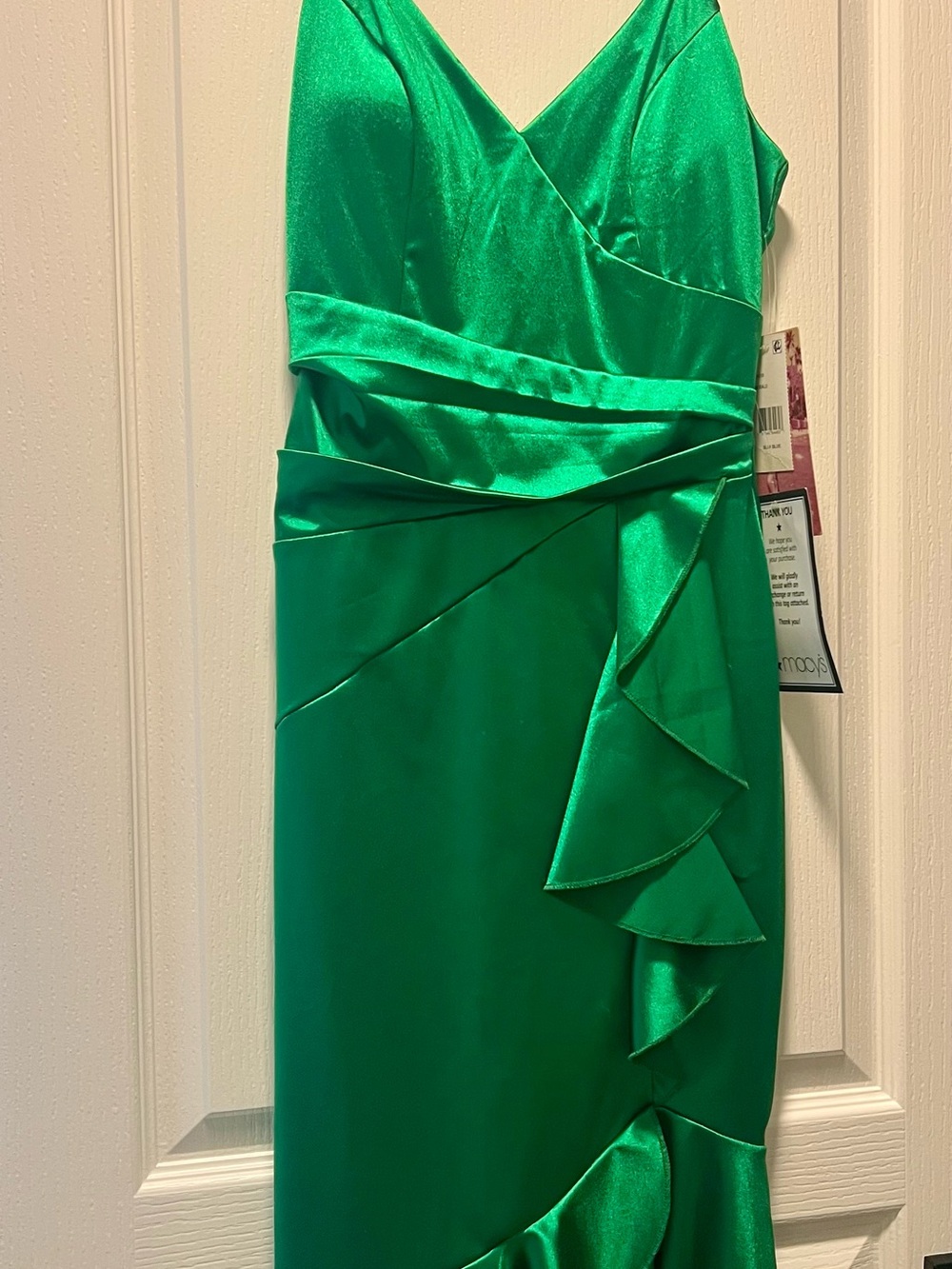 Emerald Sundae Satin Green V-Neck Midi Dress with Ruffle Detail